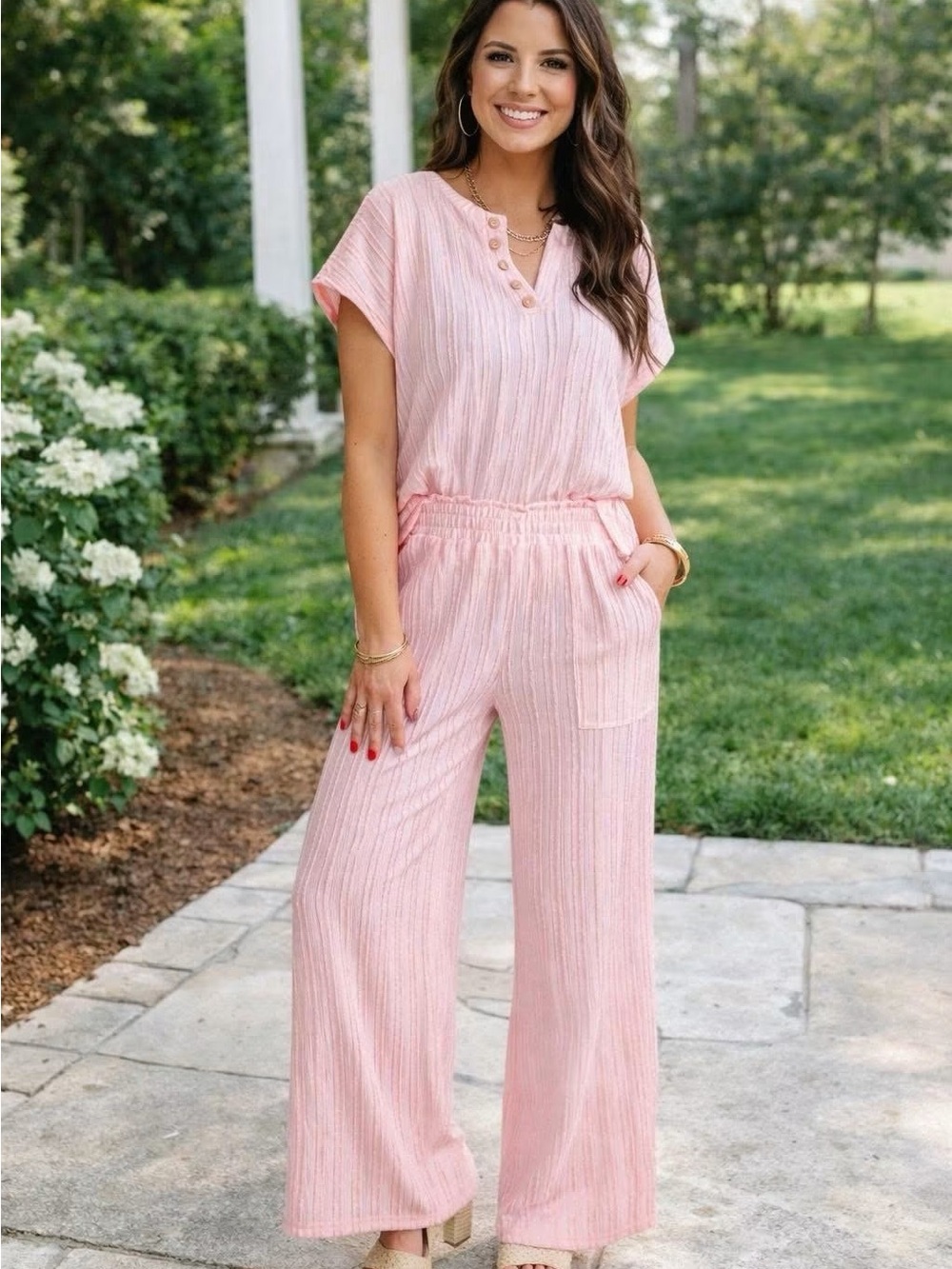 Light Pink Short-Sleeve Wide-Leg Jumpsuit with Elastic Waist